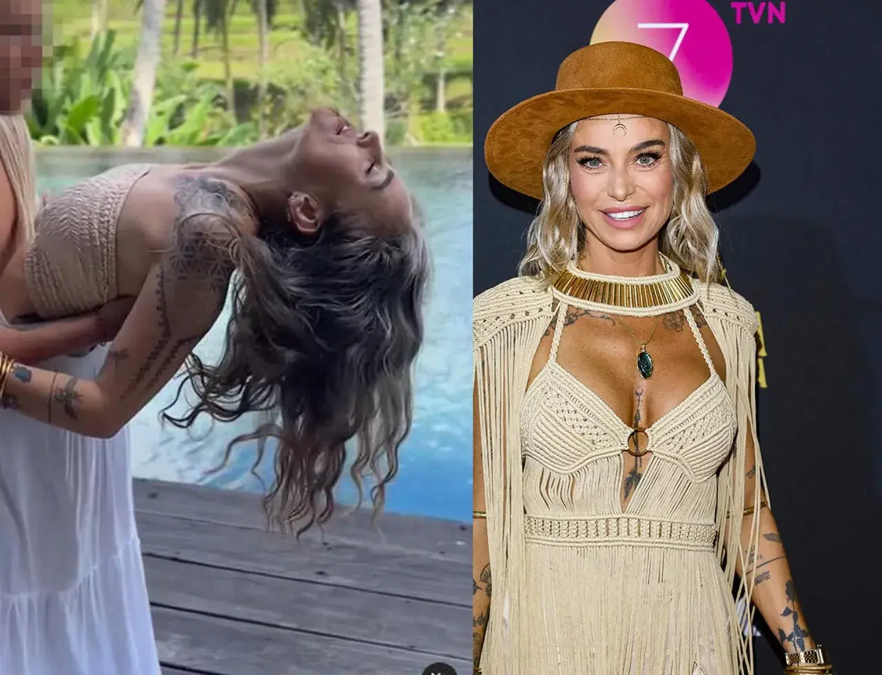 Kasia Nast, znana z odważnych stylizacji, w zwiewnej sukni i z tatuażami. Na drugim zdjęciu w kapeluszu i boho kreacji.